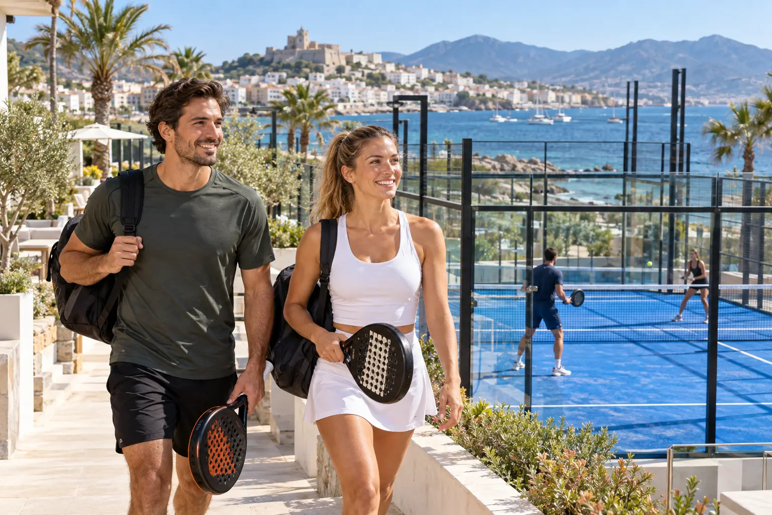 Illustrative Szene von Reisenden, die in einem Padel-Club an der Küste ankommen